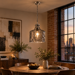 Bild in Gallery-Viewer laden, Vintage Glass Pendant Light with three metal finishes and blue or smoked glass - New2609-1024512 interior scene