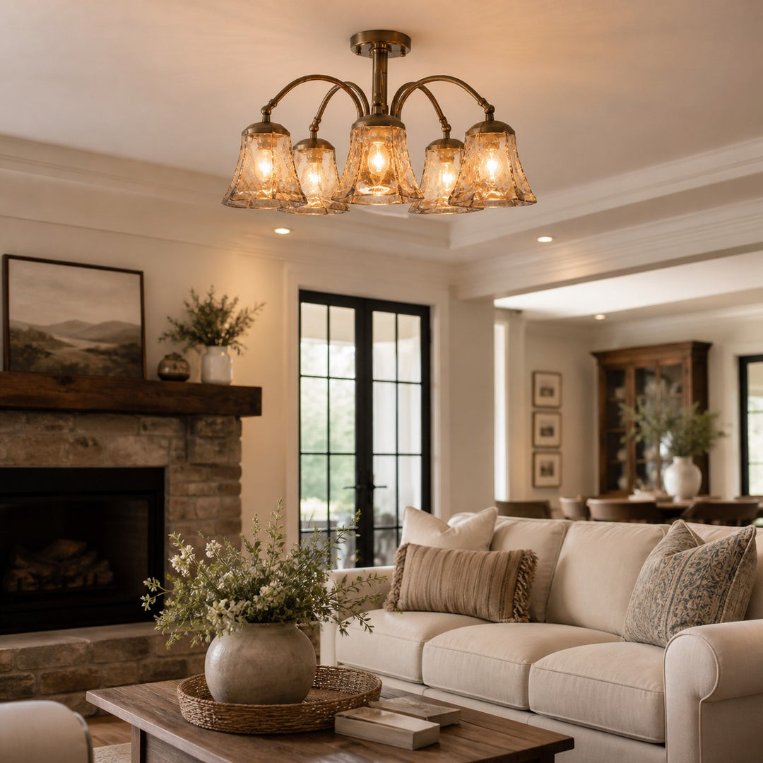 Brass and Amber Glass Semi-Flush Ceiling Light