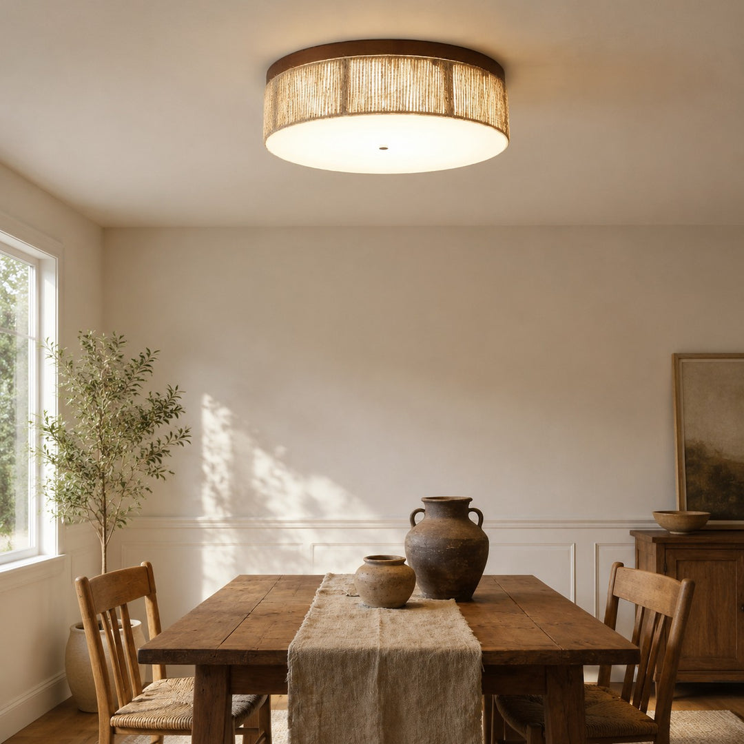 Wabi-Sabi Solid Wood and Woven Rope LED Flush Mount Ceiling Light