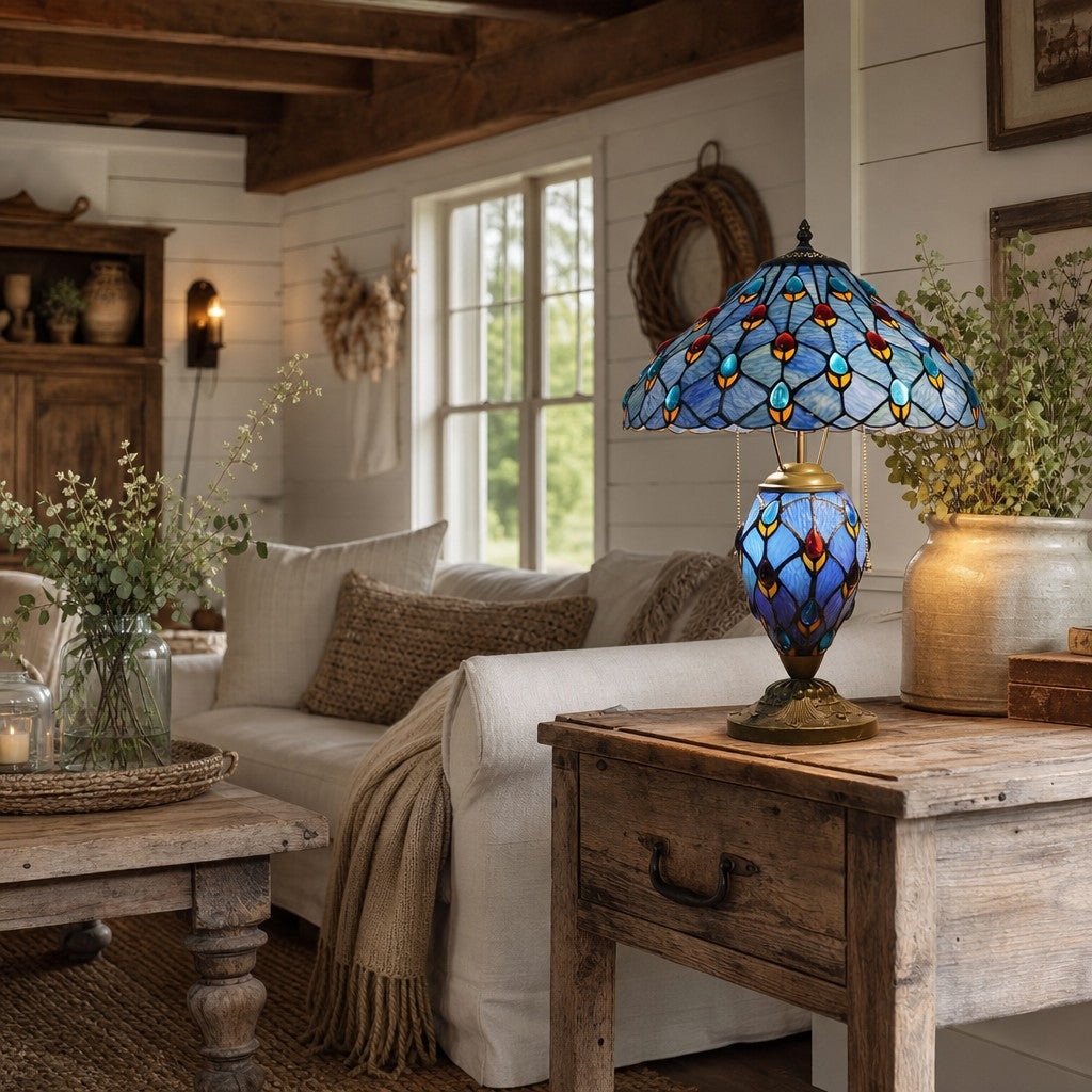 TF Tivanny Art Deco Stained Glass Table Lamp - Vintage Style for Bedroom or Living Room