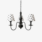 Load image into Gallery viewer, Three-light black chandelier with cream polka dot fabric shades