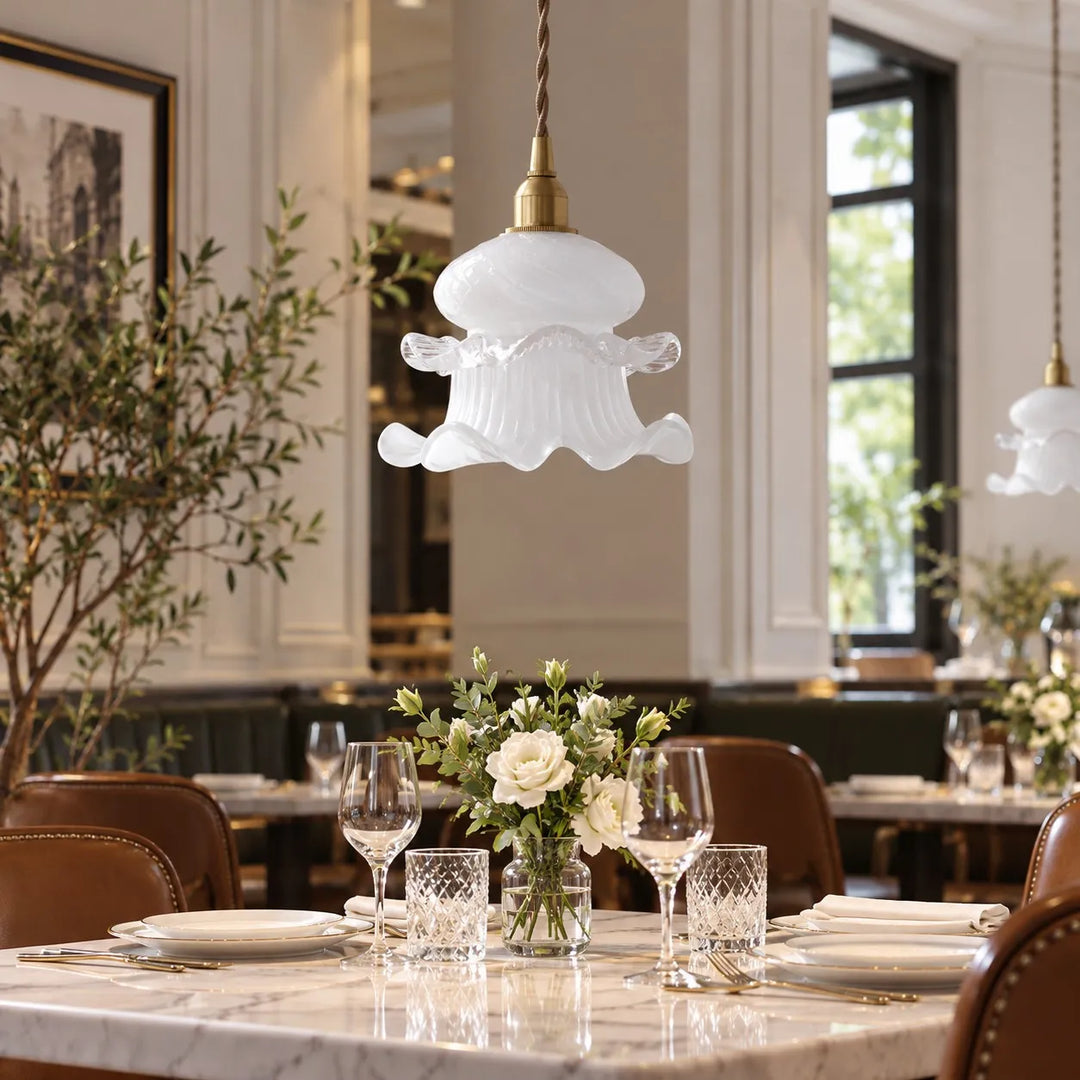 Vintage White Ruffled Glass Pendant Lamp
