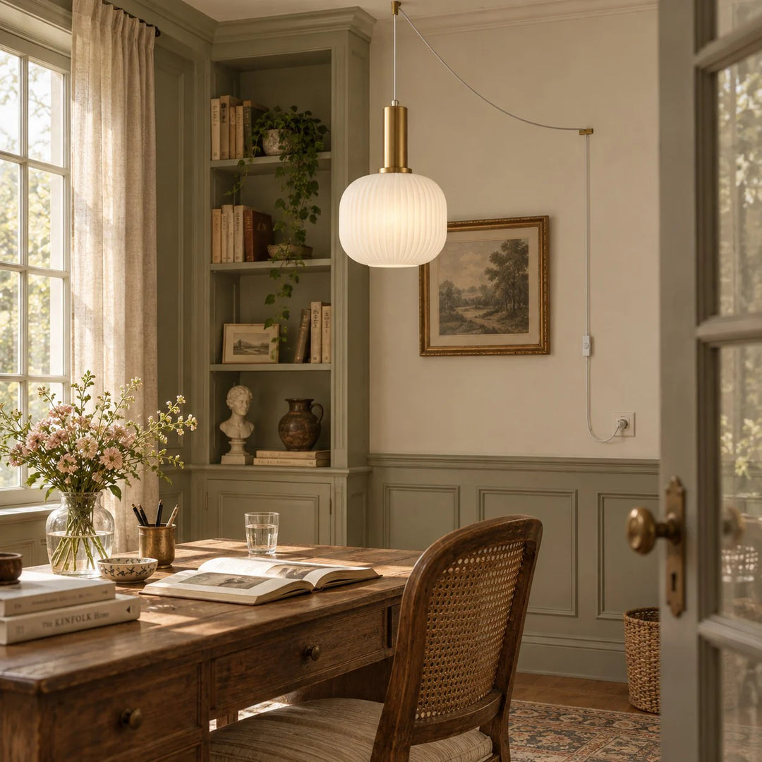 Retro ribbed glass plug-in pendant light in a home interior