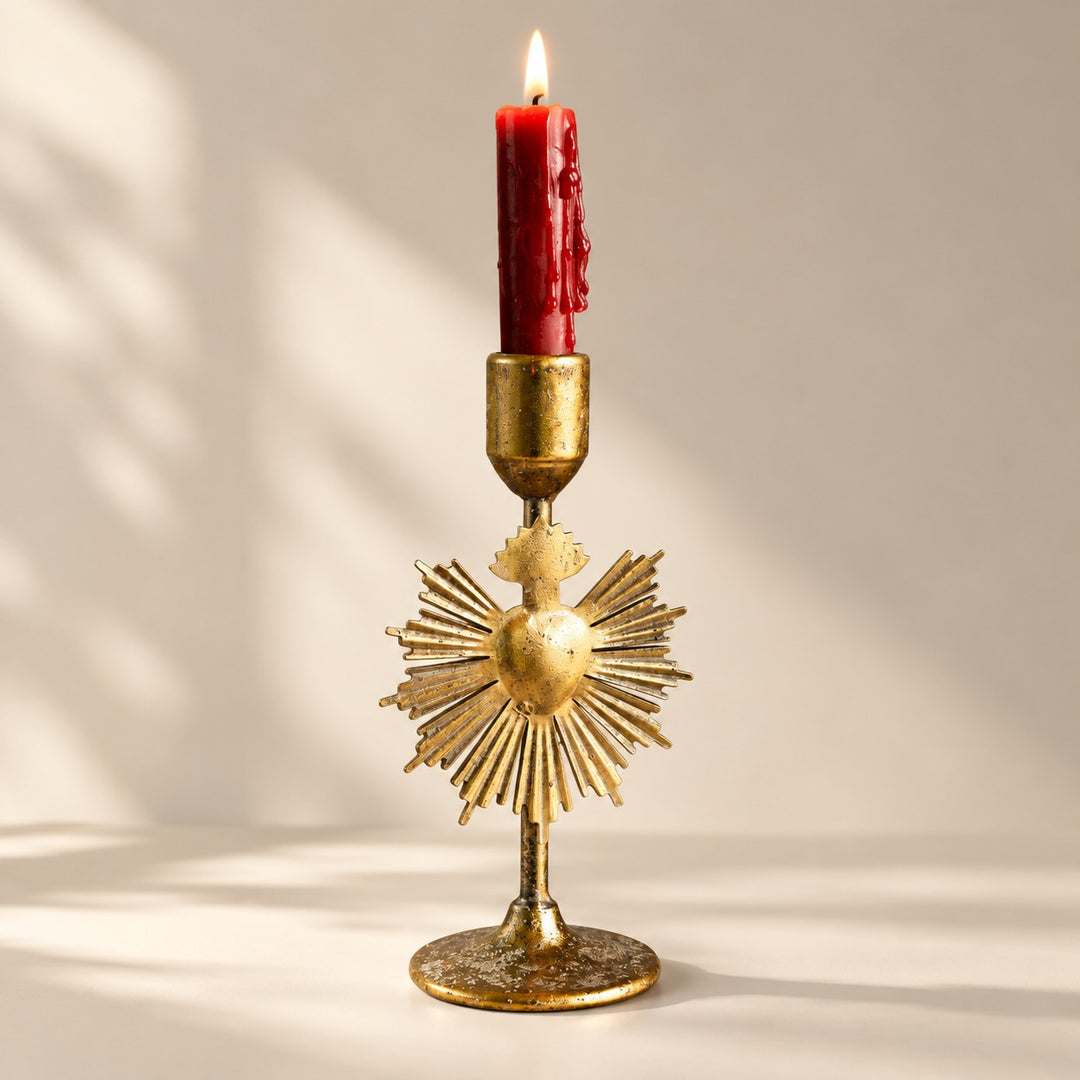 Gold Metal Bow and Milagro Heart Candle Holders