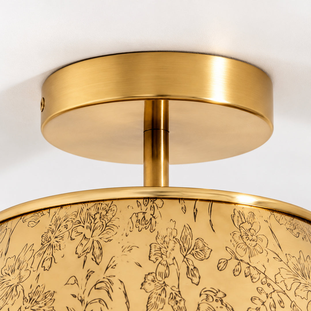 Cone Shade Floral Etching Antique Brass Flush Mount