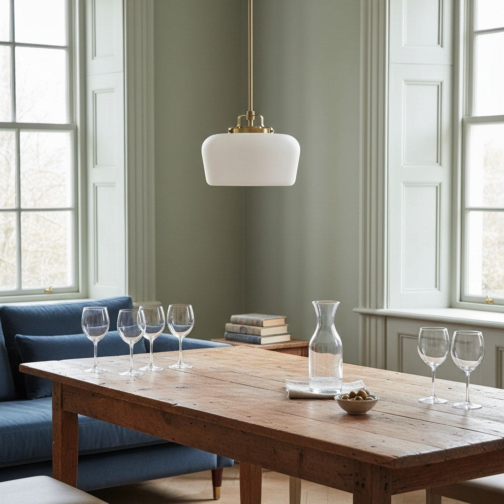 Lámpara colgante de cristal opalino Lirra: moderna lámpara minimalista de metal para cocina y comedor.