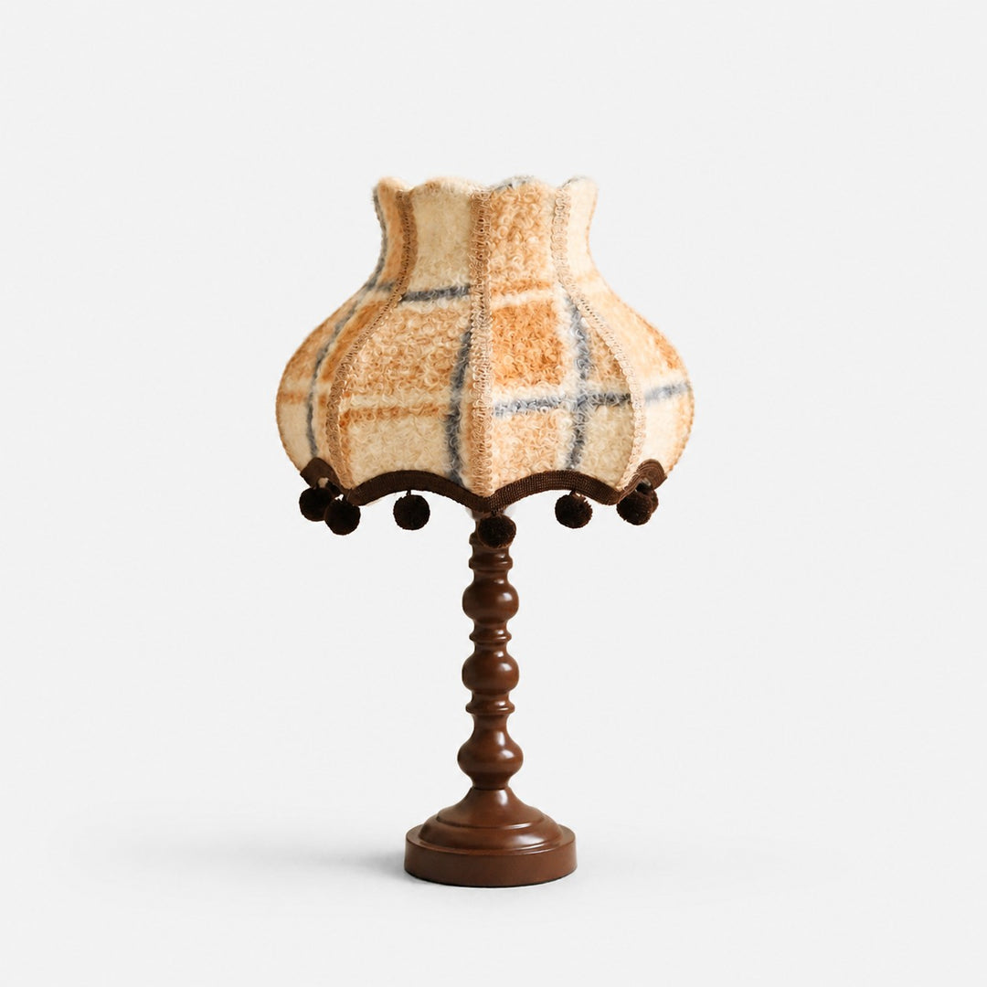 Vintage plaid fabric table lamp with compact turned base