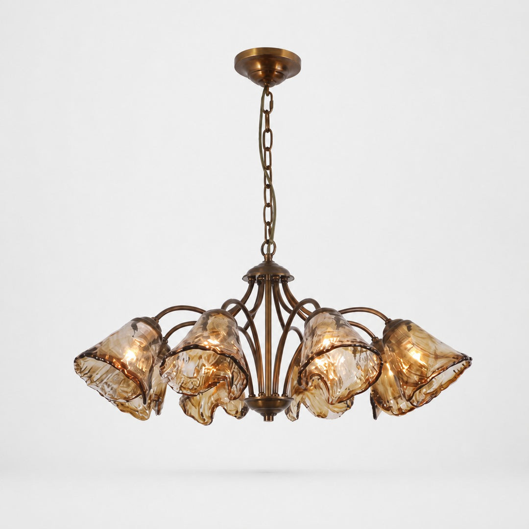Downward Amber Tulip Glass Brass Chandelier