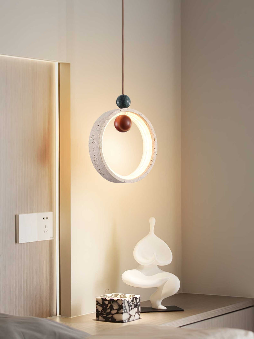 Travertine Circular Form Plug-In Pendant