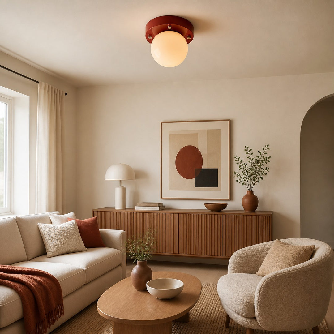 Memphis red LED ceiling light above a calm living area
