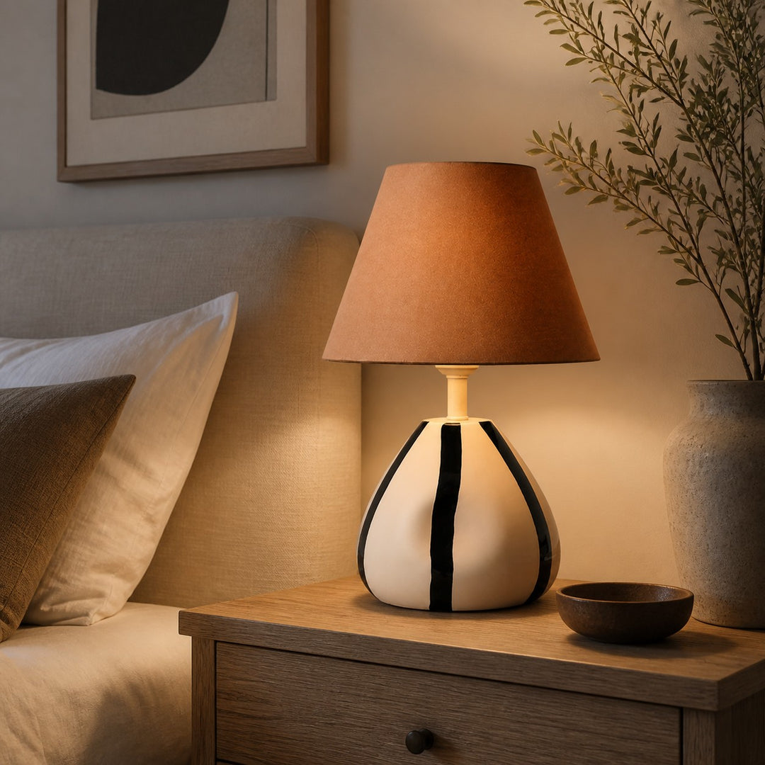 Sculptural Striped Ceramic Table Lamp with Fabric Shade