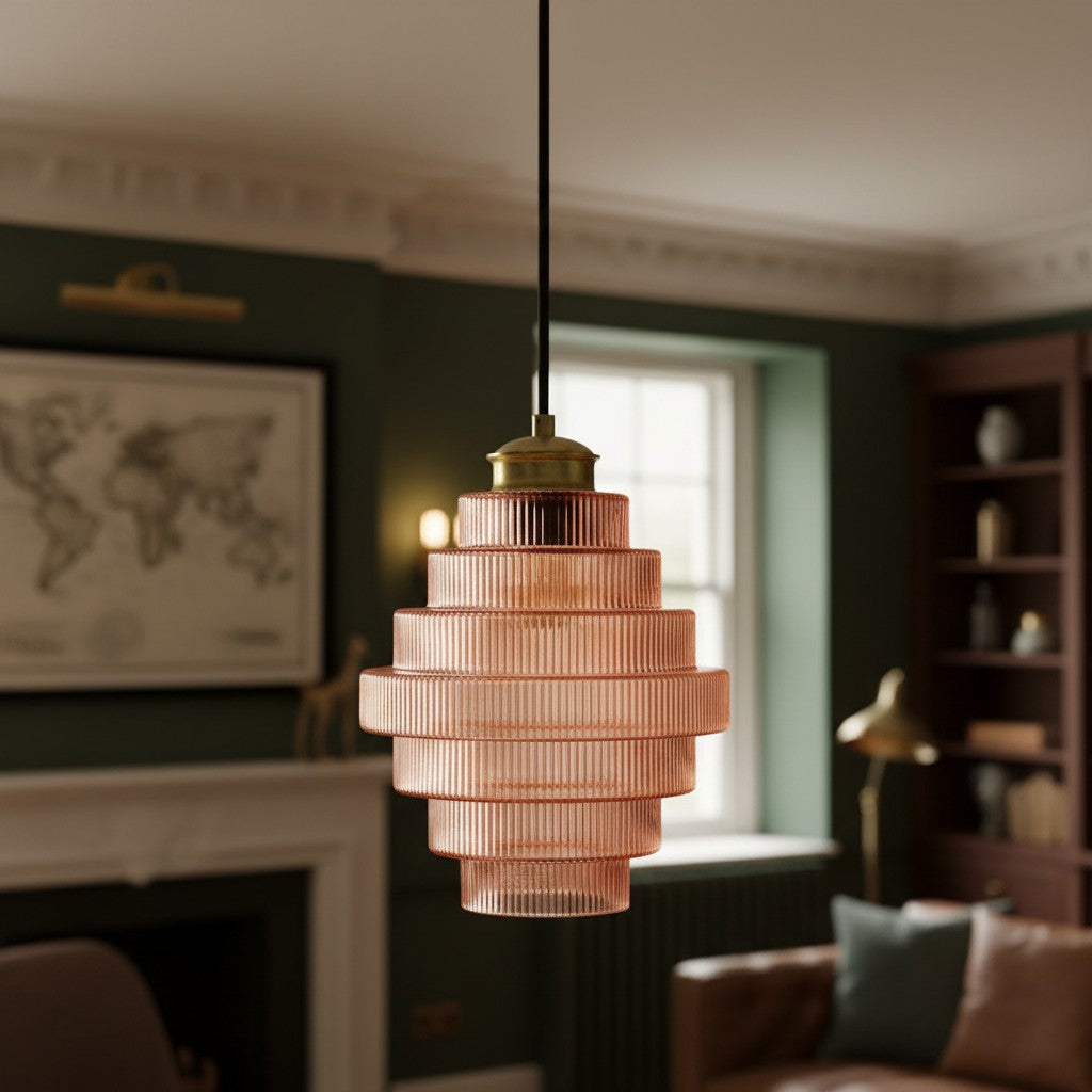 Lámpara colgante de botella de vidrio a rayas Bottis con pantalla vertical artística U19