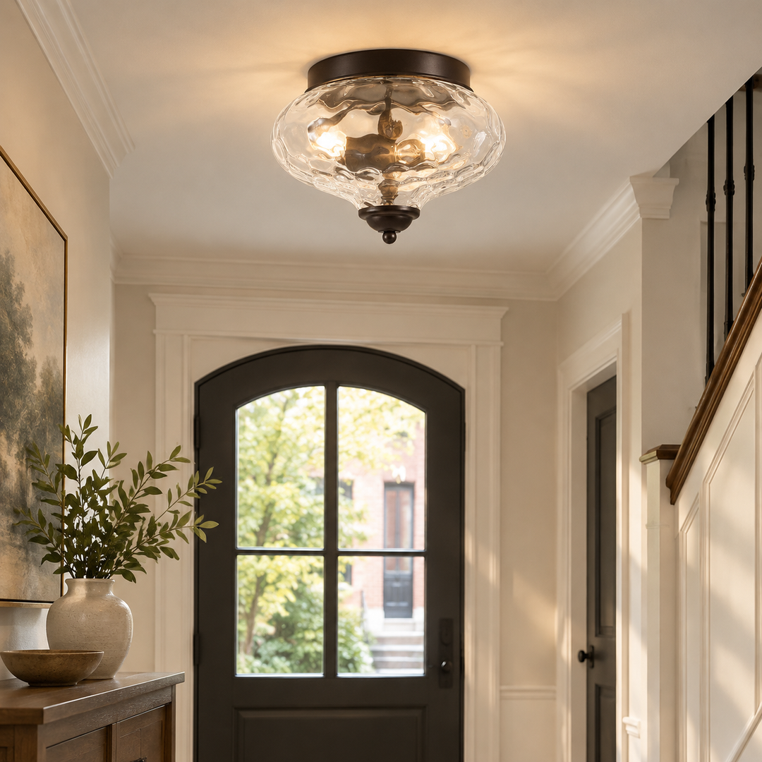Two-Light Hammered Ceiling Light with a flush mount and a broad glass cover - New2609-1024579 interior scene