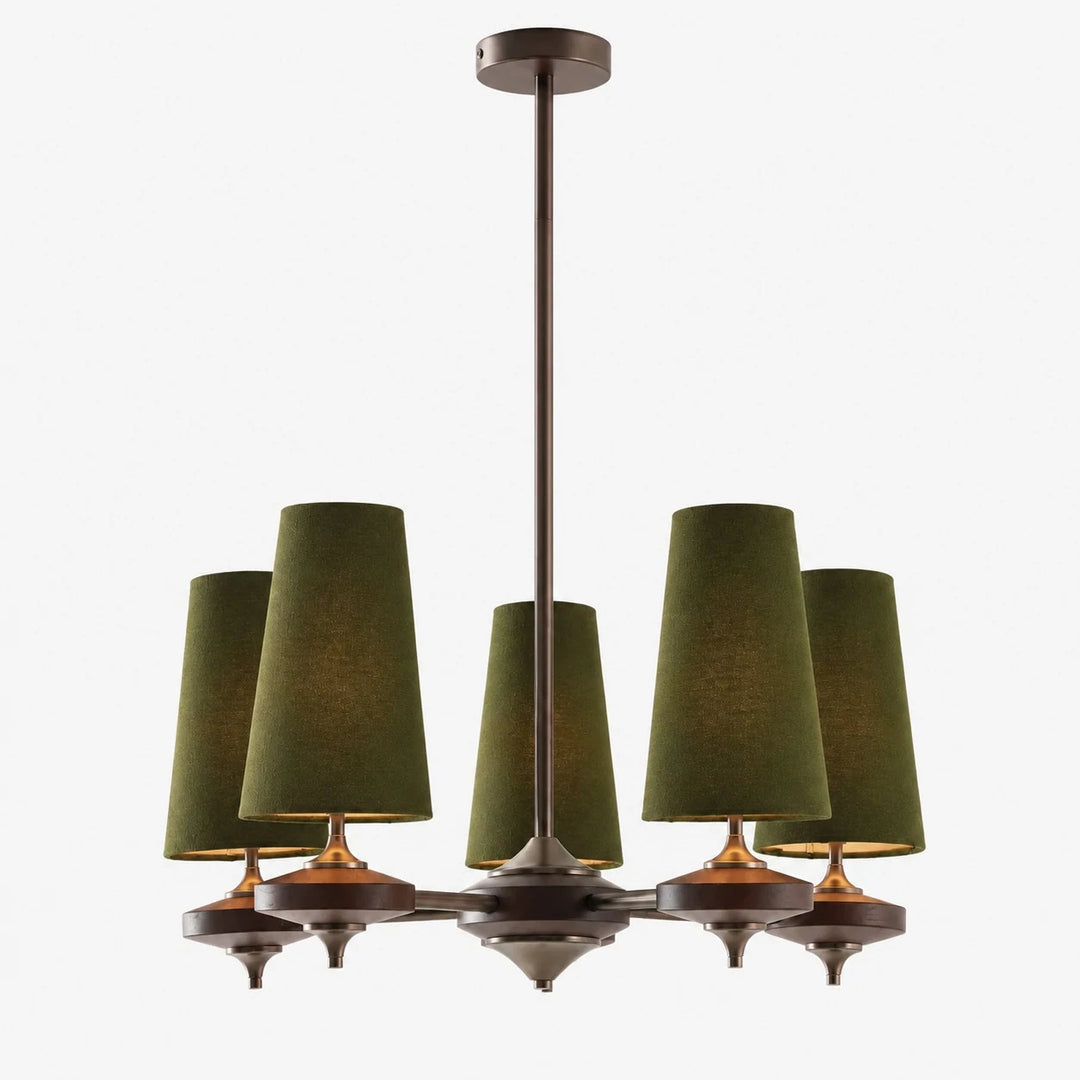 Hour Rho chandelier with green velvet shades, 5 lights