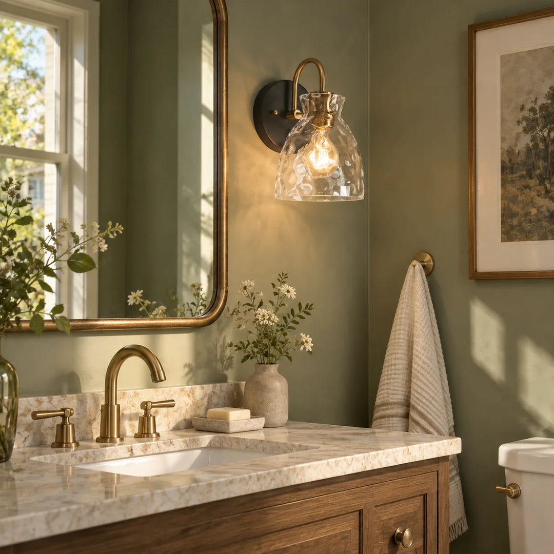 Textured Glass Wall Sconce with a curved arm and a visible bulb - New2609-1024567 scene 2