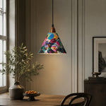 Bild in Gallery-Viewer laden, Painted floral pendant above wood table in softly shadowed dining room
