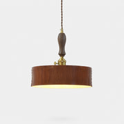 Complete vintage brown leather drum pendant fixture