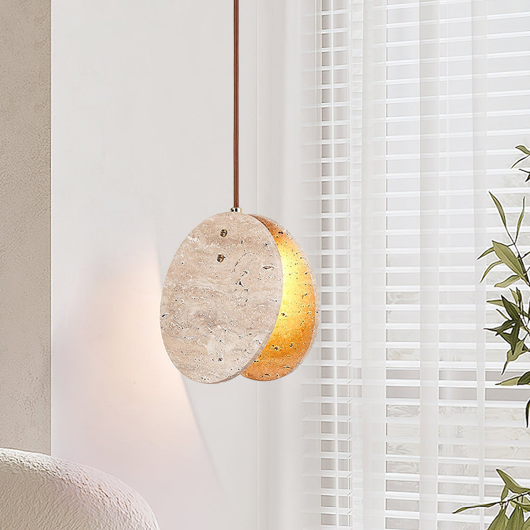 Stone Textured Disc Travertine Pendant Light M04