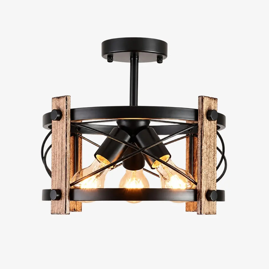 Rustic farmhouse three-light ceiling fixture in matte black and wood tone