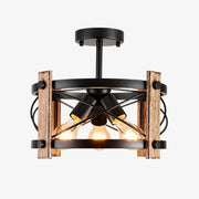 Rustic farmhouse three-light ceiling fixture in matte black and wood tone