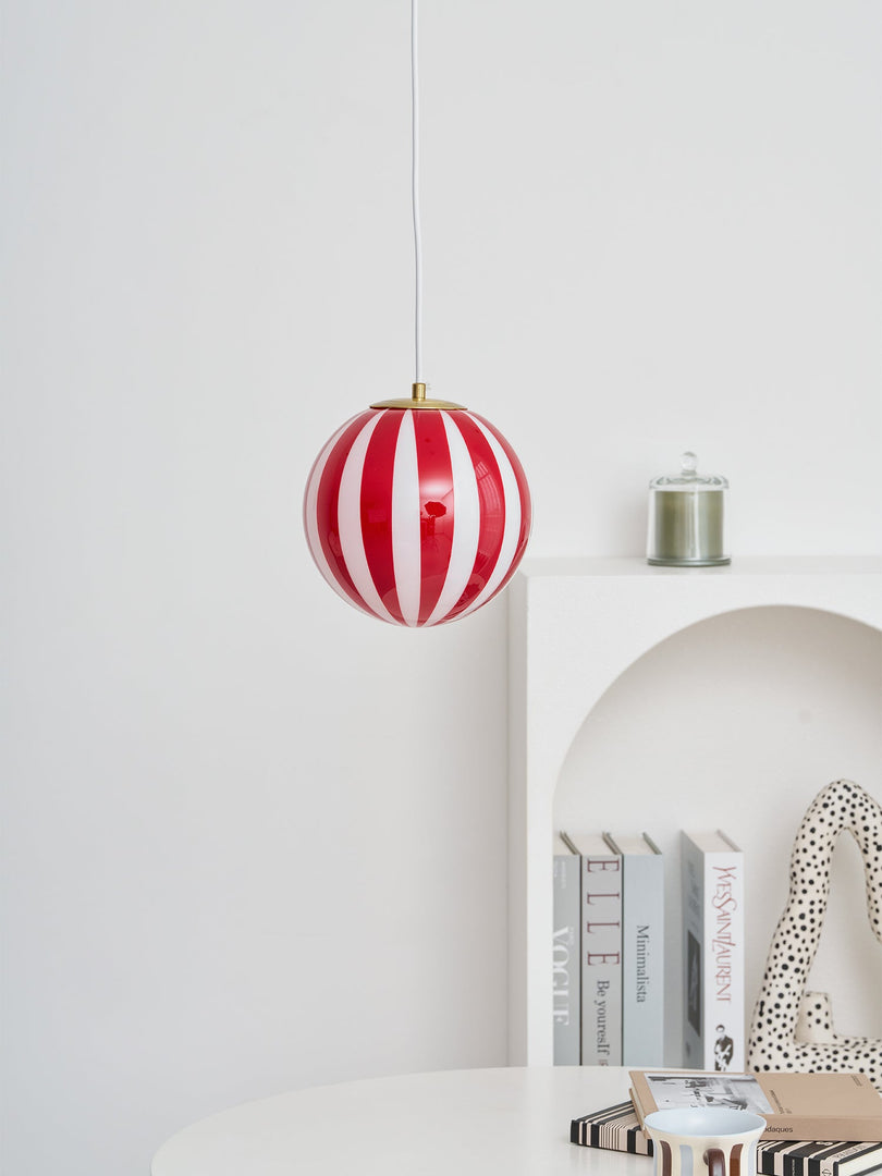 Red Striped Glass Globe Hardwired Pendant