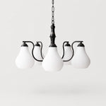 Bild in Gallery-Viewer laden, Vintage five-heads black iron chandelier with ribbed glass shades
