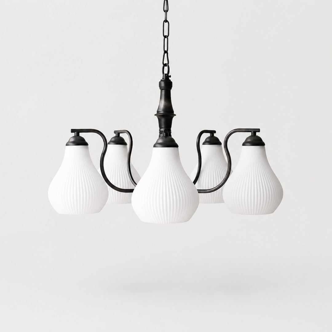 Vintage five-heads black iron chandelier with ribbed glass shades