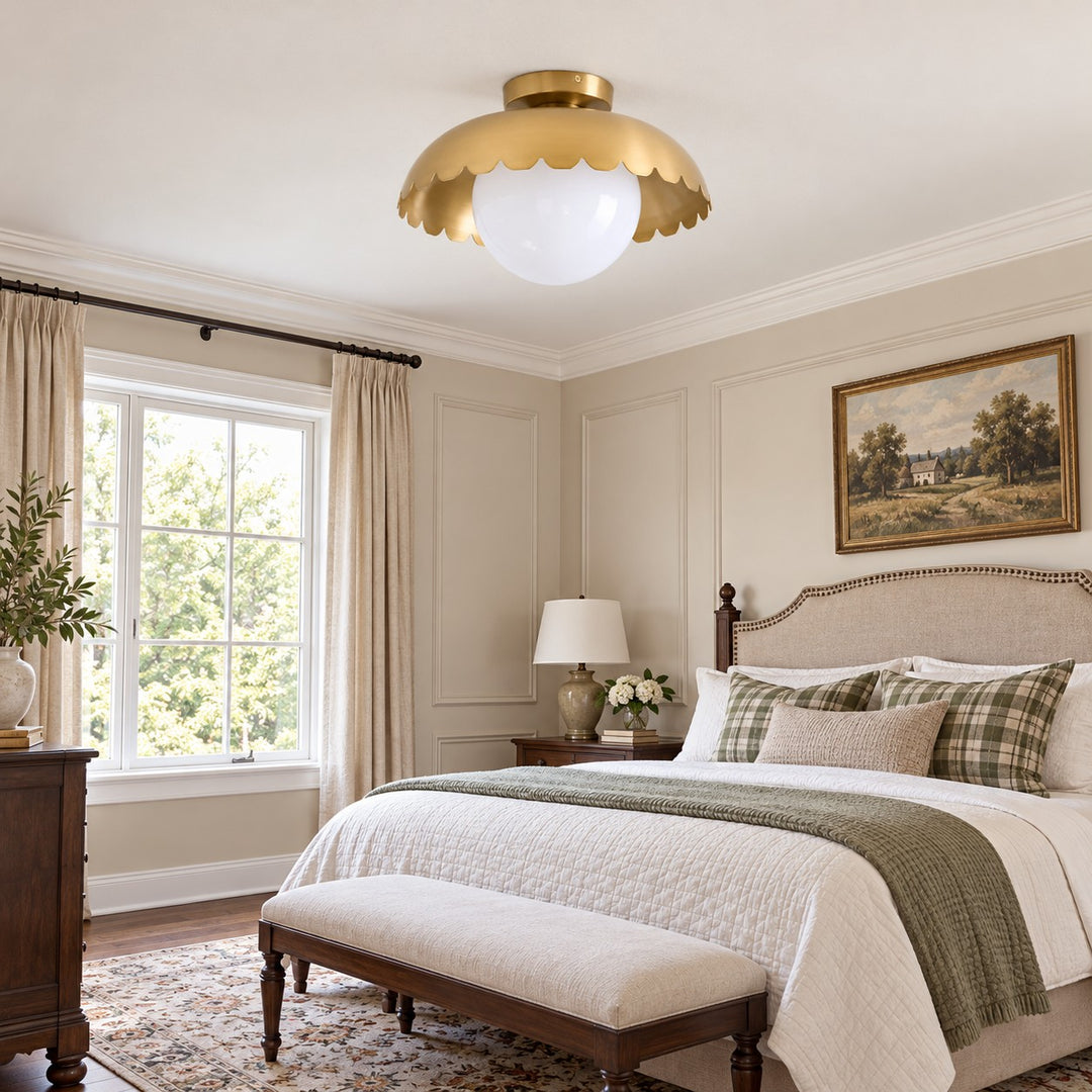 Scalloped Metal Brass Trim Globe Shade Flush Mount