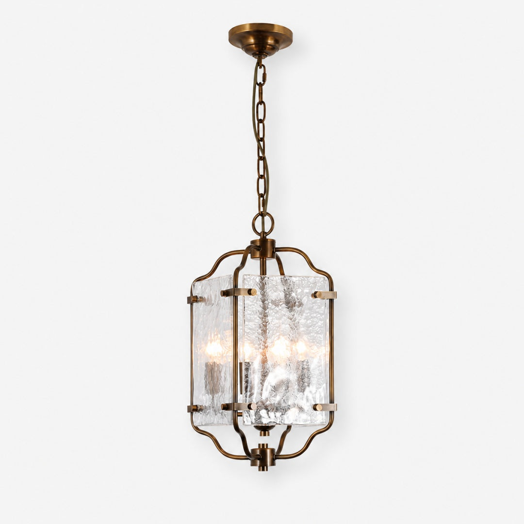 Brass and Pressed Glass Lantern Pendant Light