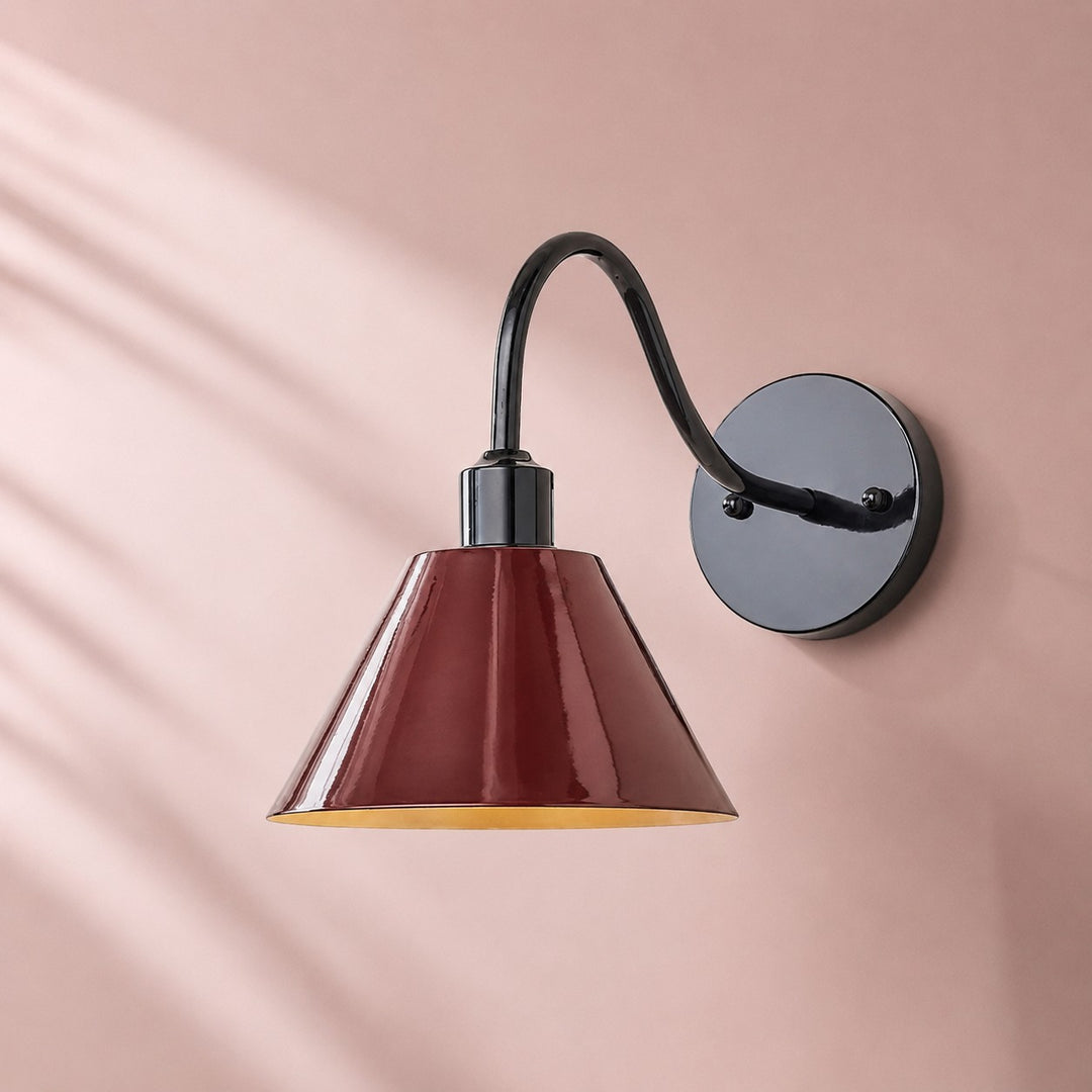 Industrial Modern Tapered Brass Gooseneck Sconce with Metal Silhouette