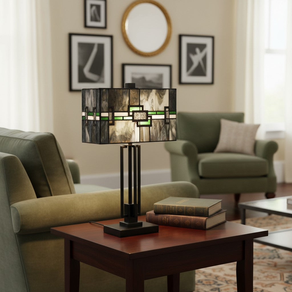 Culletto Rectangular Stained Glass Mosaic – Artisan Style Table Lamp for Bedroom and Hallway Accent Lighting