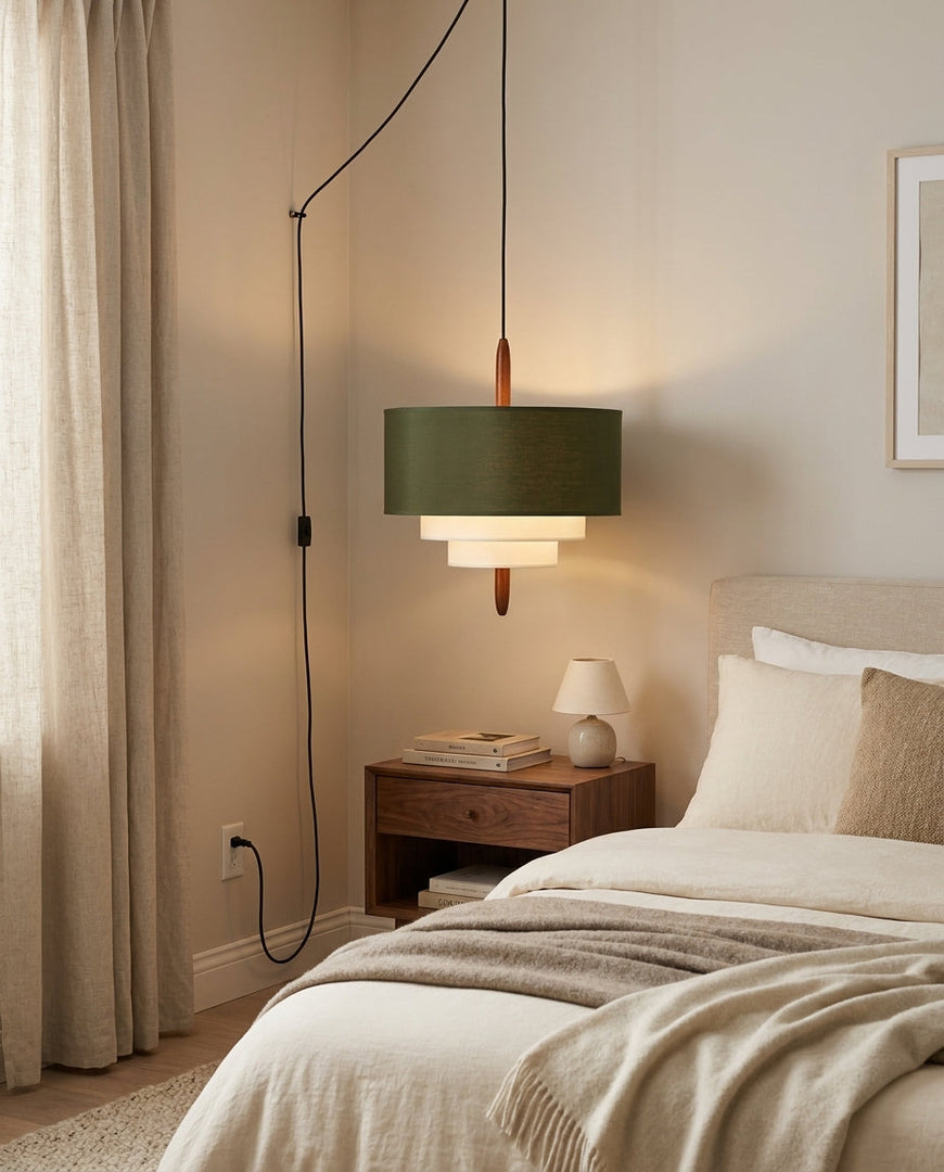 Tiered Fabric Wood Plug-In Swag Pendant