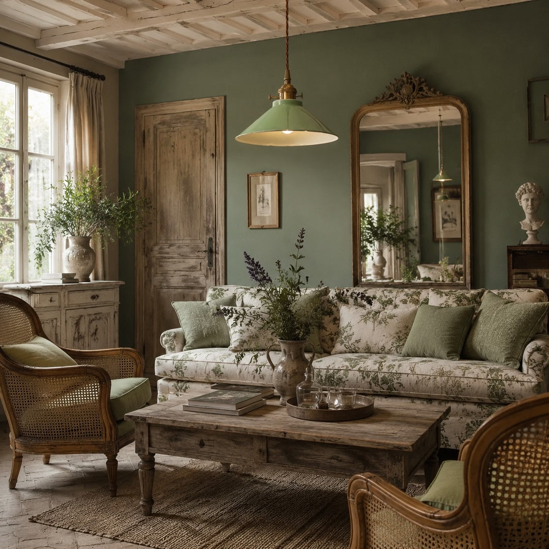Plum green pendant light with room-scale context