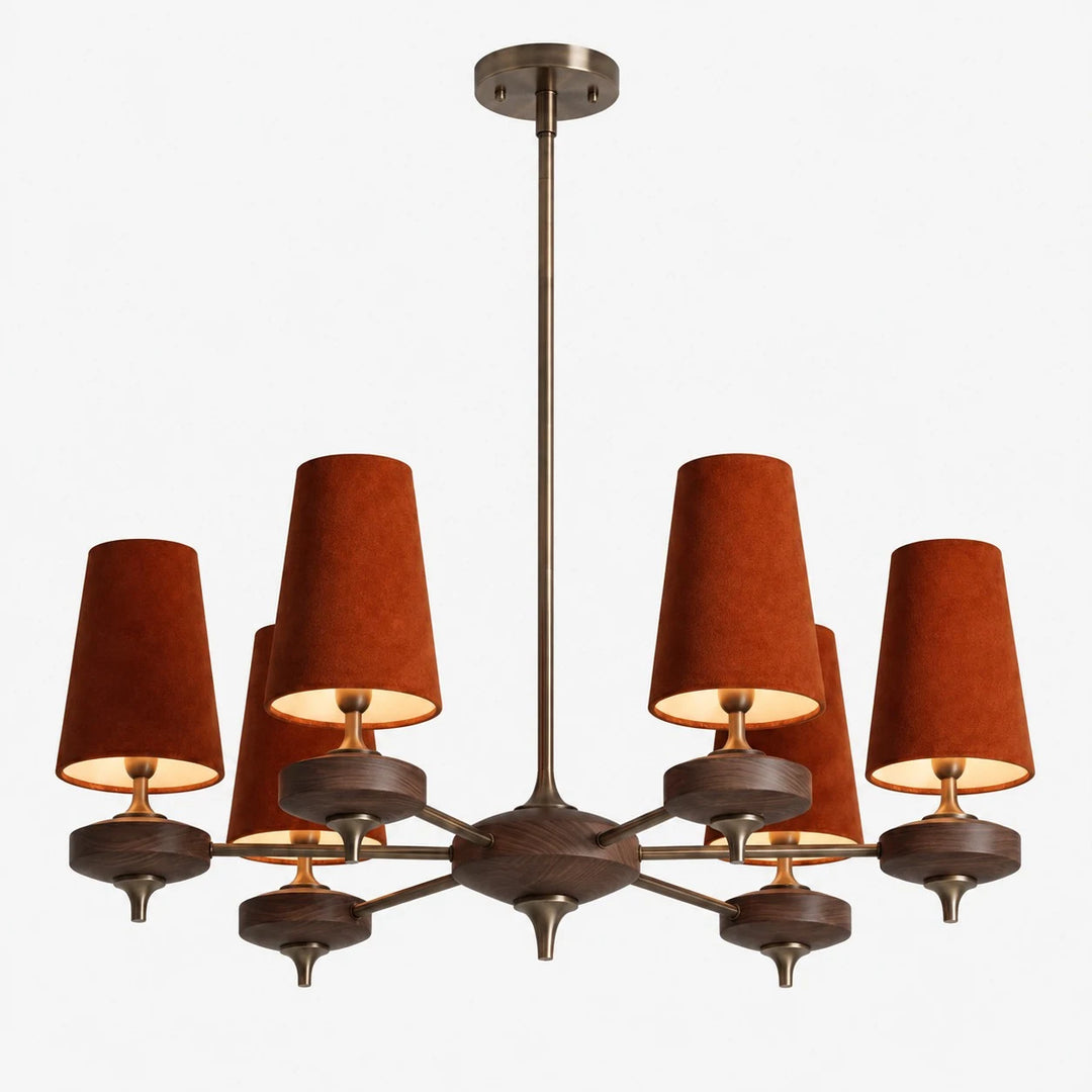 Hour Rho chandelier with red velvet shades, 6 lights
