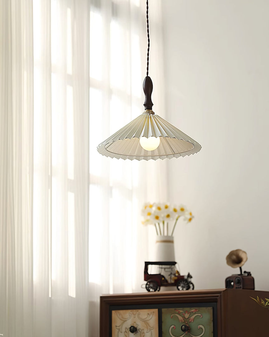 White Fabric Walnut Brass Plug-In Pendant