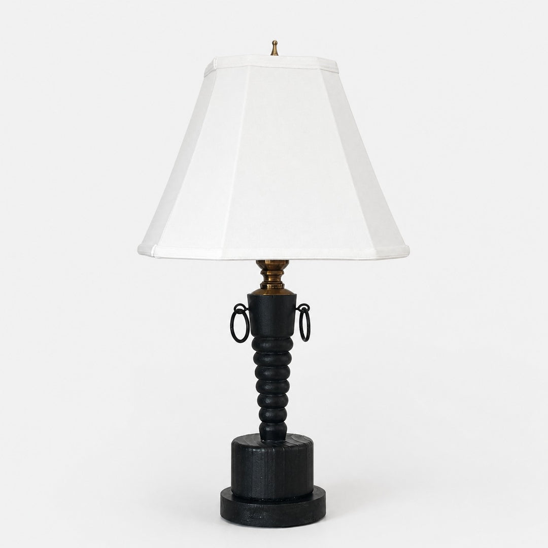 Lámpara de mesa de madera negra vintage con pantalla de tela blanca