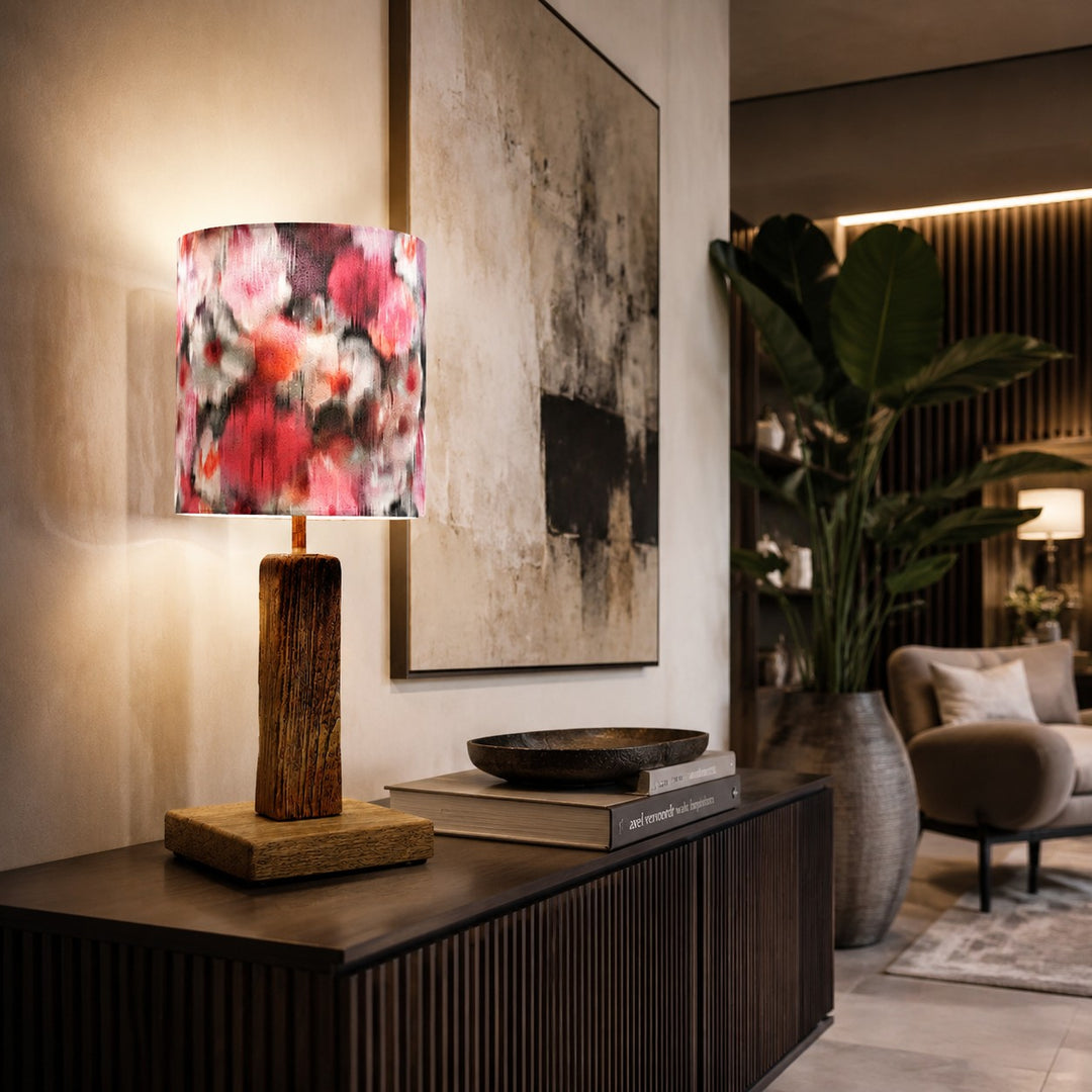 Colorful printed fabric table lamp in a styled interior