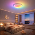 Load image into Gallery viewer, Round ceiling lamp with warm rainbow glow over a bed