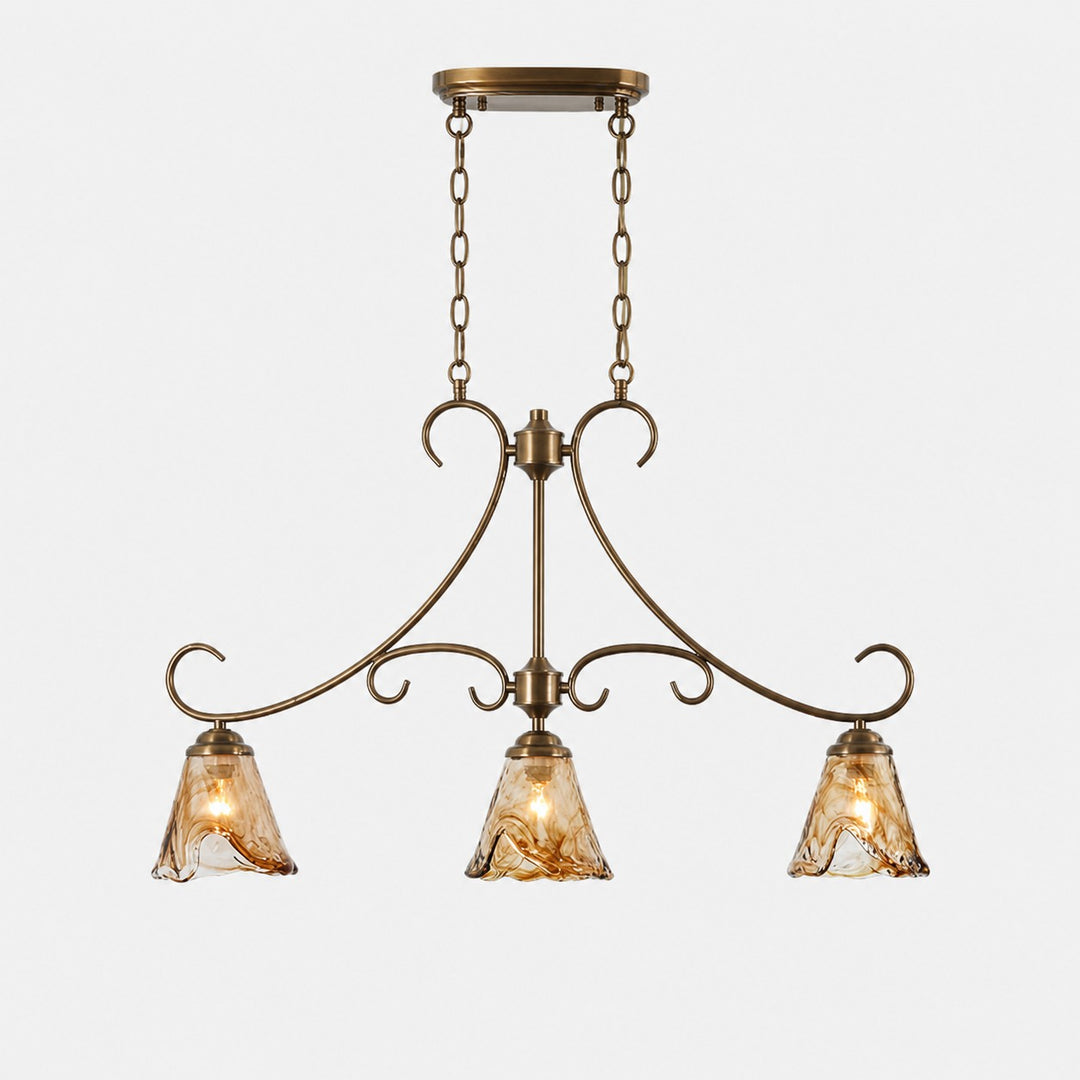French Country Brass and Amber Glass Linear Chandelier
