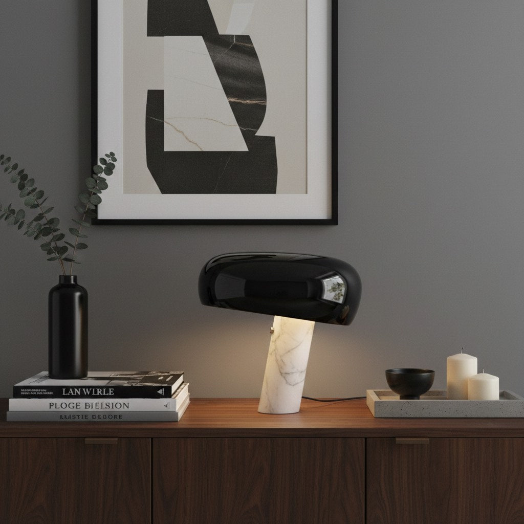 Lámpara de Mesa Estratagema Divertida Slantia - Diseño con Pantalla de Vidrio y Base de Mármol para Sala de Estar o Dormitorio N45