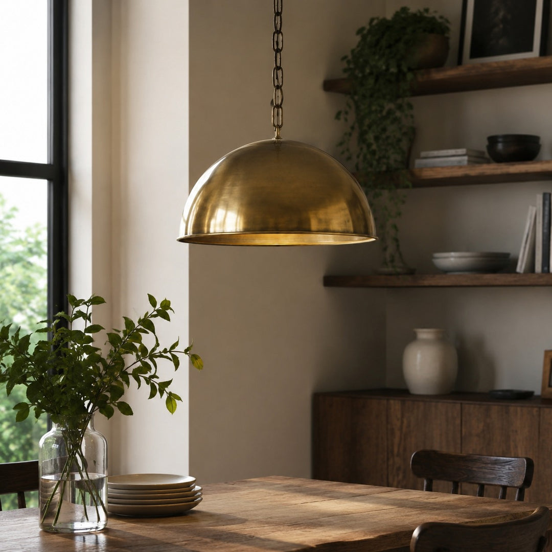 Antique brass dome pendant in a dining room