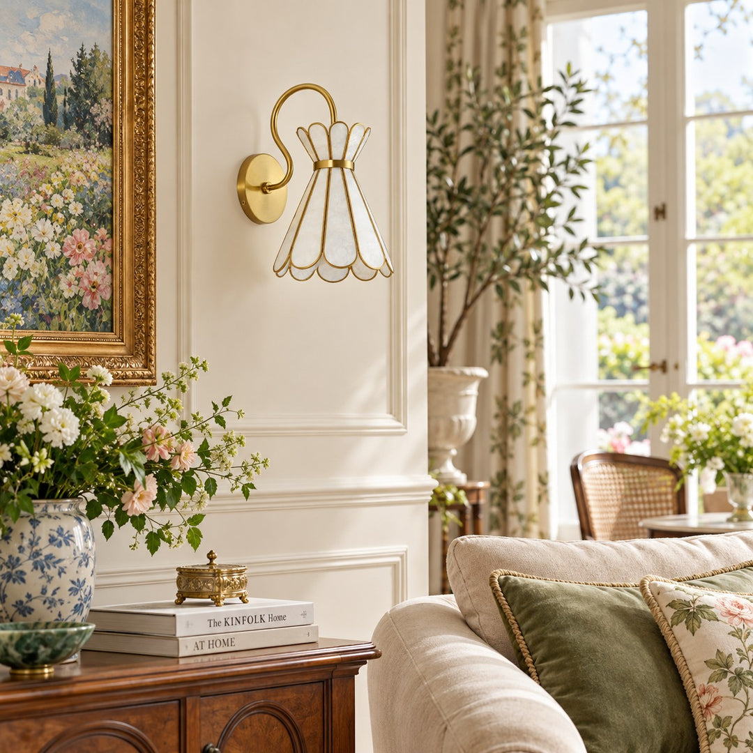Brass Band Hourglass Shade Capiz Petal Wall Light
