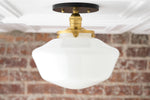 Charger l&#39;image dans la visionneuse de galerie, Geotower Glass Brass Ceiling Light - Opal Glass Schoolhouse Shade - Modern Elegance
