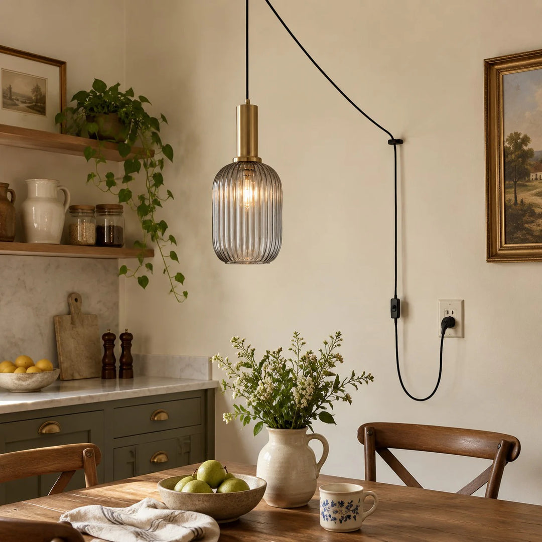 Retro ribbed glass plug-in pendant light in a home interior
