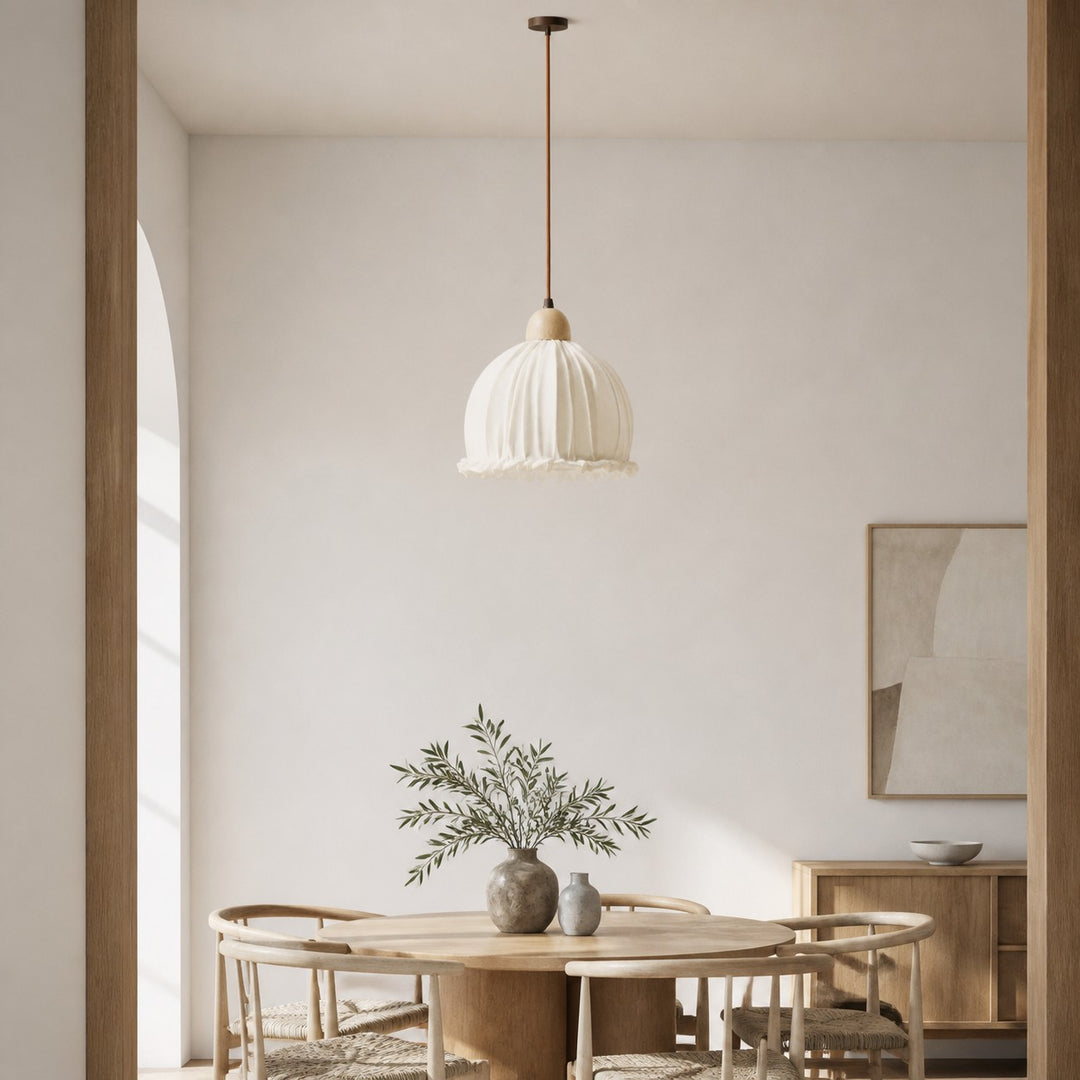 Pleated Fabric Pendant Light with Wood Canopy