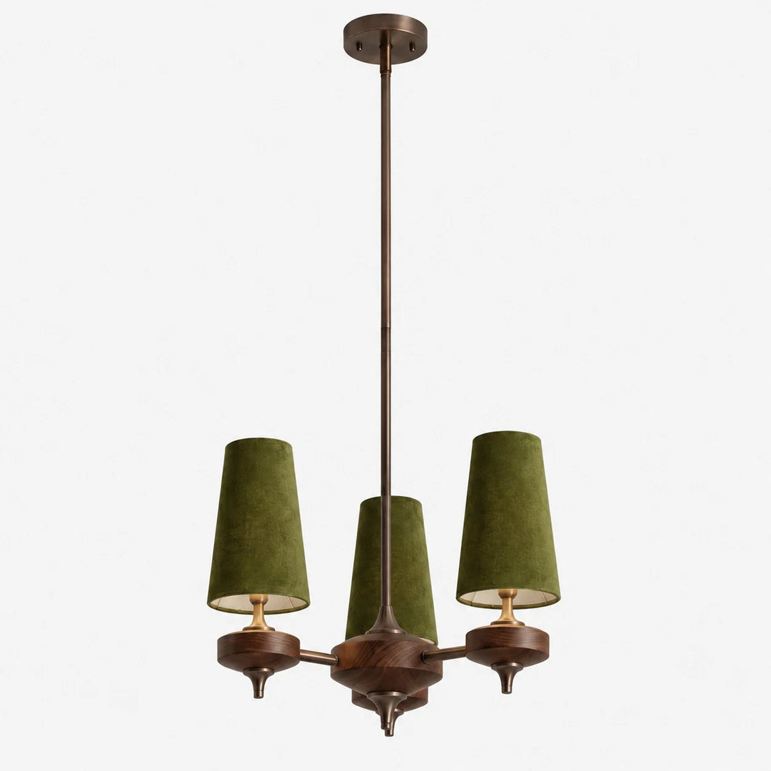 3-light Hour Rho chandelier with green velvet shades