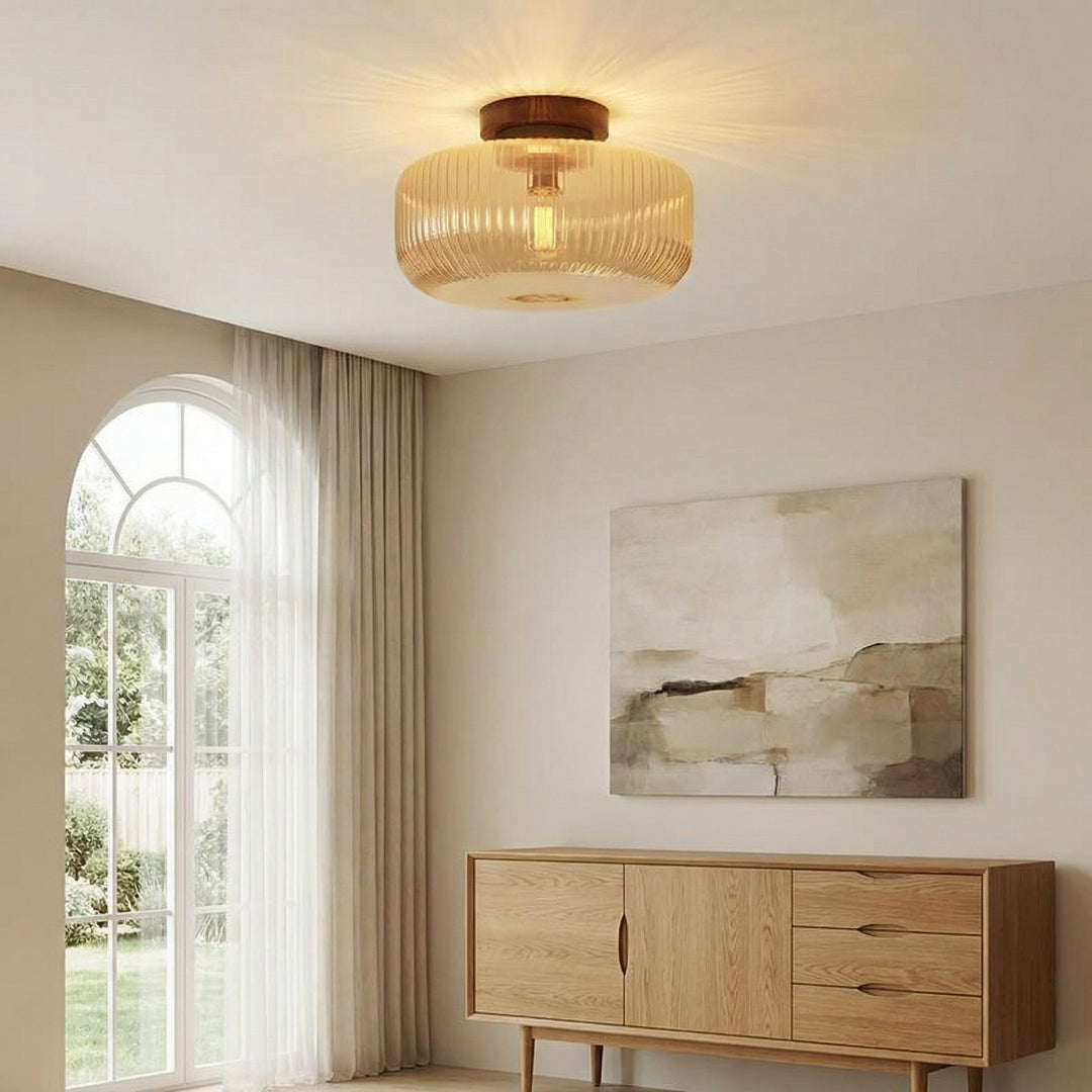 Lámpara de techo de vidrio ámbar estriado Amberflow Retro – Montaje empotrado redondo para pasillos y entradas