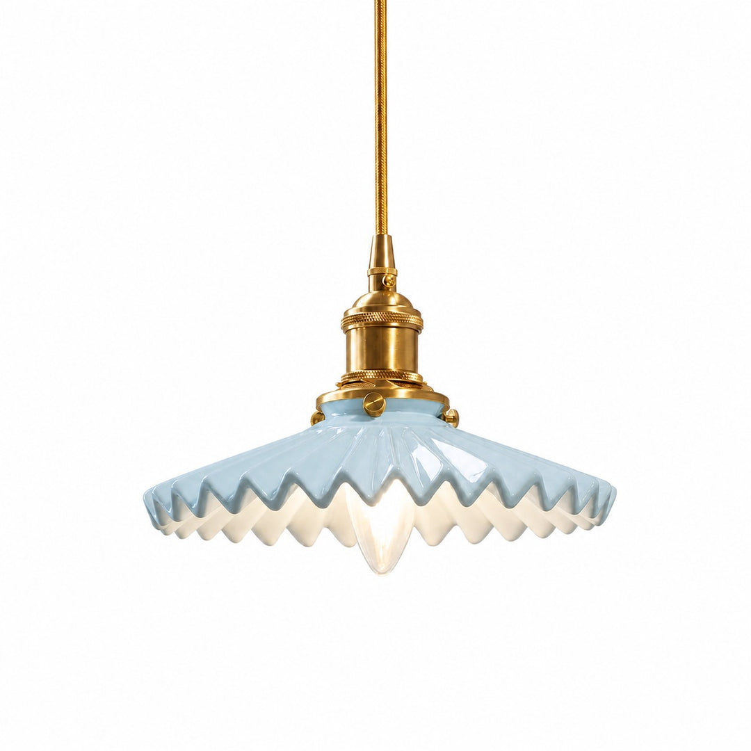 Blue pleated ceramic pendant light with brass-finish base