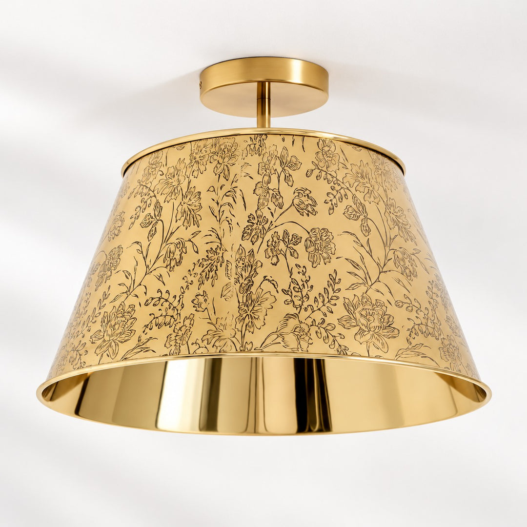 Cone Shade Floral Etching Antique Brass Flush Mount