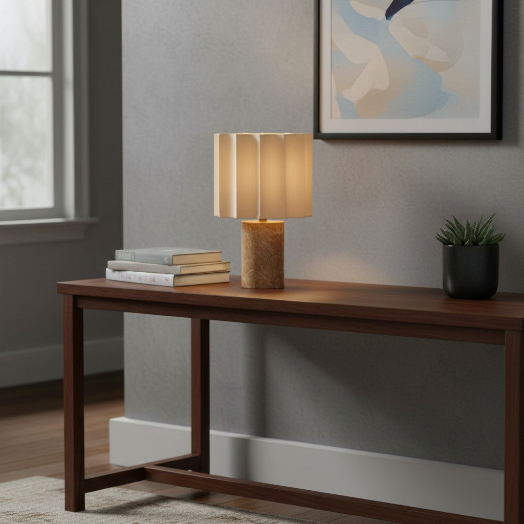 Cavilon Modern Artisanal Marble Accent Table Lamp with Soft Fabric Shade for Living Room and Bedroom